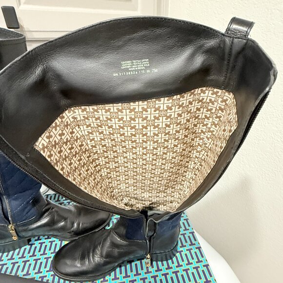 Tory Burch Black Leather & Blue Quilted Roslie Tall Riding Boots with Gold Logo - Picture 7 of 17